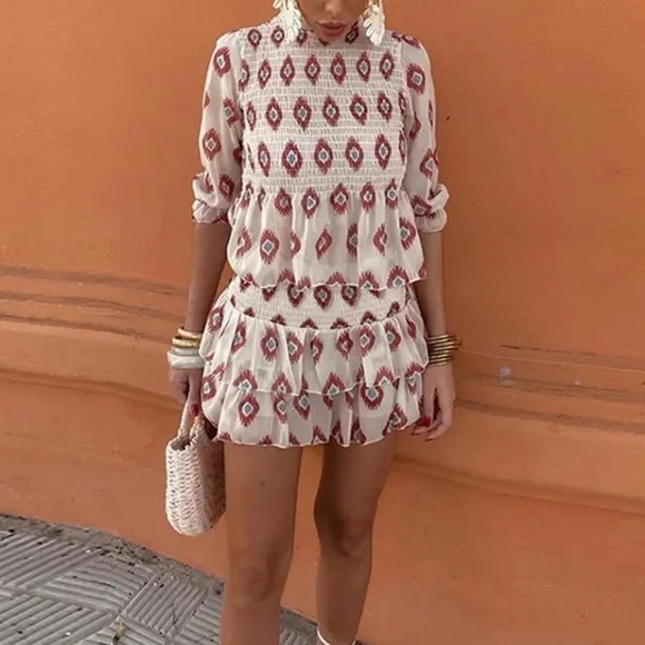 Dresses & Skirts - Printed Pleated Round Neck Medium Sleeve Flared Slim Fit Women's Shirt CakeSkirt